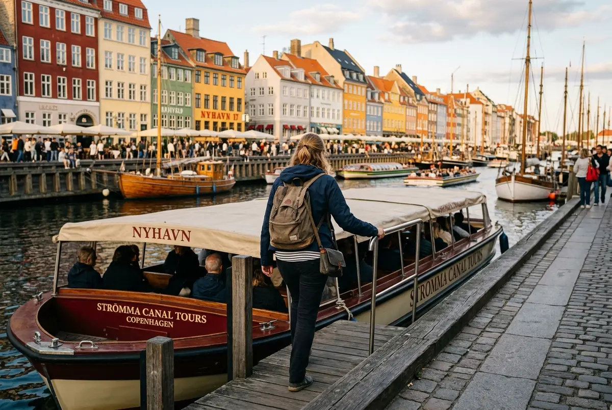 Viajero subiendo a un barco de crucero por los canales de Stromma junto a las casas de colores de Nyhavn con el movil mostrando la app de la Copenhagen Card