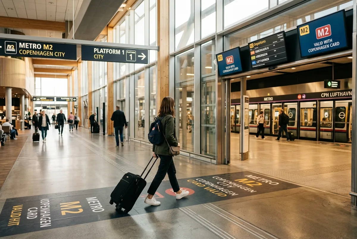 Traveler with a rolling suitcase walking toward a copenhagen card airport metro platform inside a bright modern terminal