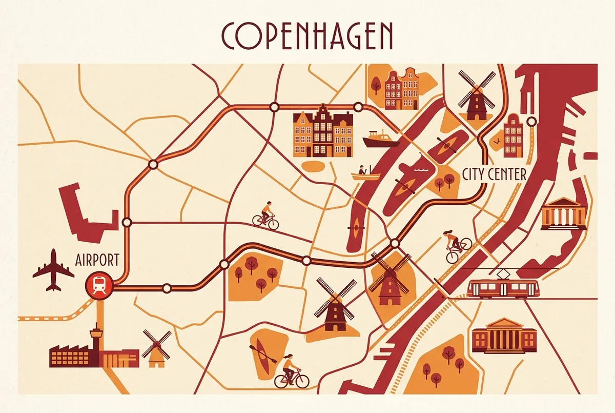 Route map showing the Copenhagen Airport metro and train connection into the city center with generic station labels