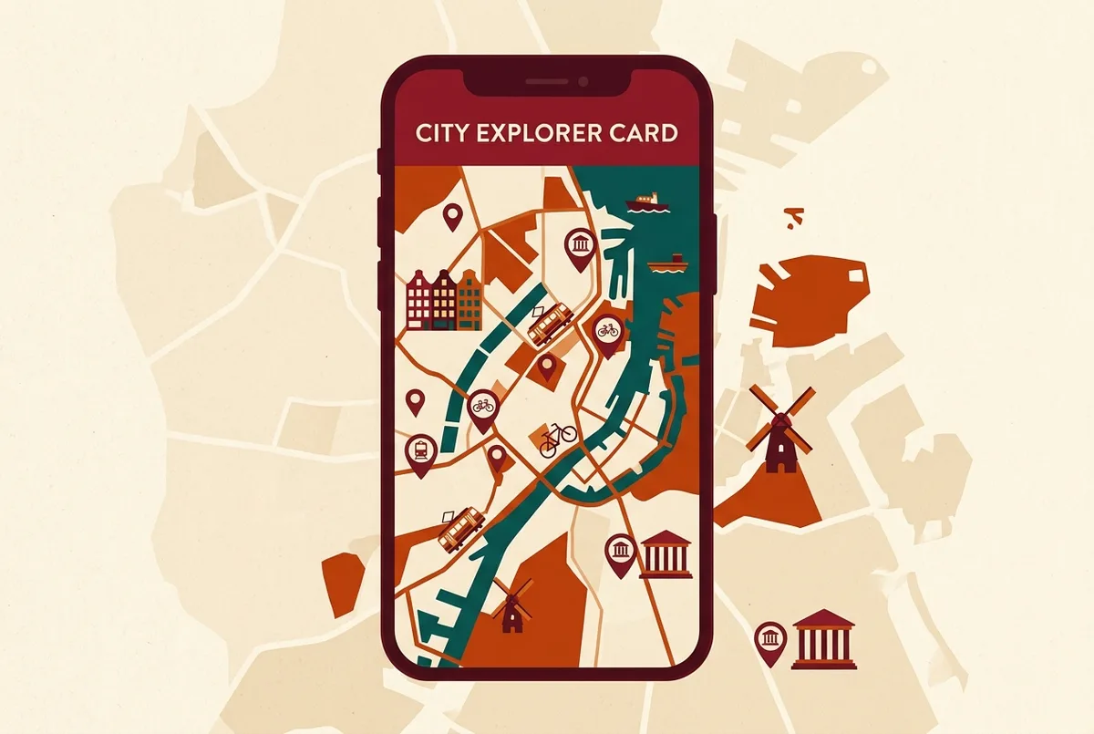 maquette simplifiee d'un ecran de telephone montrant la vue carte du city guide avec des icones generiques d'attractions, sans noms de lieux reels ni prix