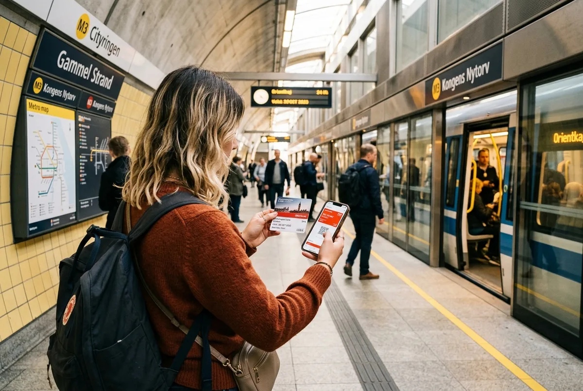Traveler comparing the Copenhagen Card Discover metro pass against the Hop hop-on hop-off bus ticket on a phone at a Copenhagen Metro station platform