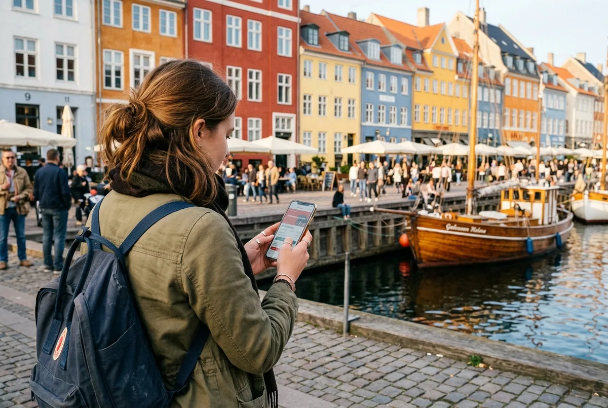 Traveler checking the Copenhagen Card price on a smartphone app while standing at Nyhavn's colorful harbor houses in late afternoon light