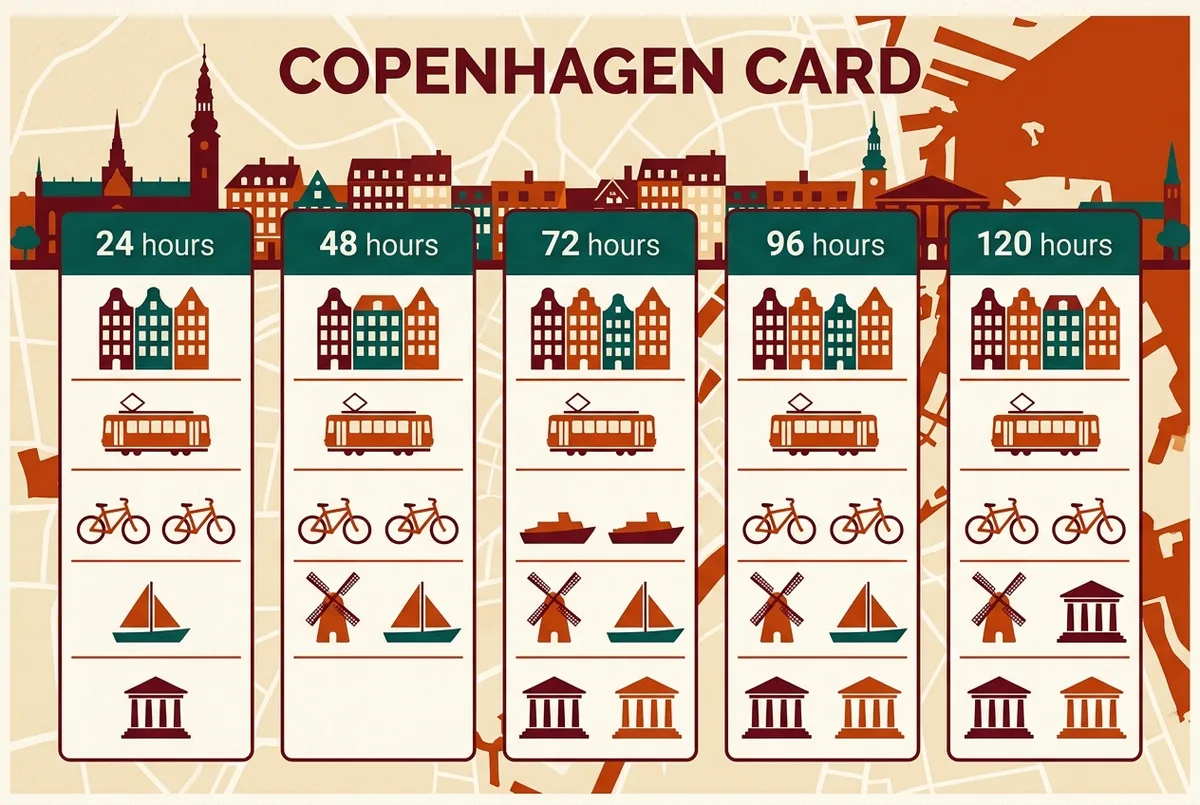 Infographic comparing Copenhagen Card price tiers across 24, 48, 72, 96 and 120 hour durations with generic duration labels, Copenhagen skyline in the background