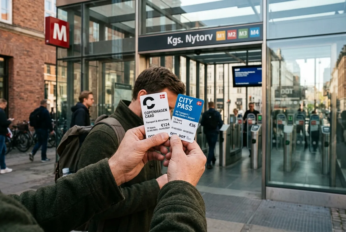 Viajante segurando dois cartões diferentes de transporte de Copenhague lado a lado na entrada de uma estação de metrô, comparando o copenhagen card vs city pass