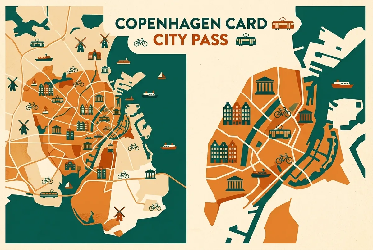 Infográfico simples lado a lado comparando as áreas de cobertura do Copenhagen Card e do City Pass de Copenhague, com ícones genéricos de transporte e atrações, sem preços
