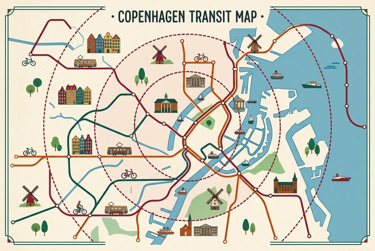 Simple route map showing the Copenhagen metro, bus and S-train network with Small and Large City Pass zone boundaries marked, generic labels only