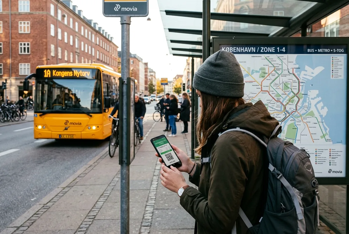 Traveler checking a Copenhagen City Pass 72 hours activation screen on a phone at a bus stop with a city map in the background