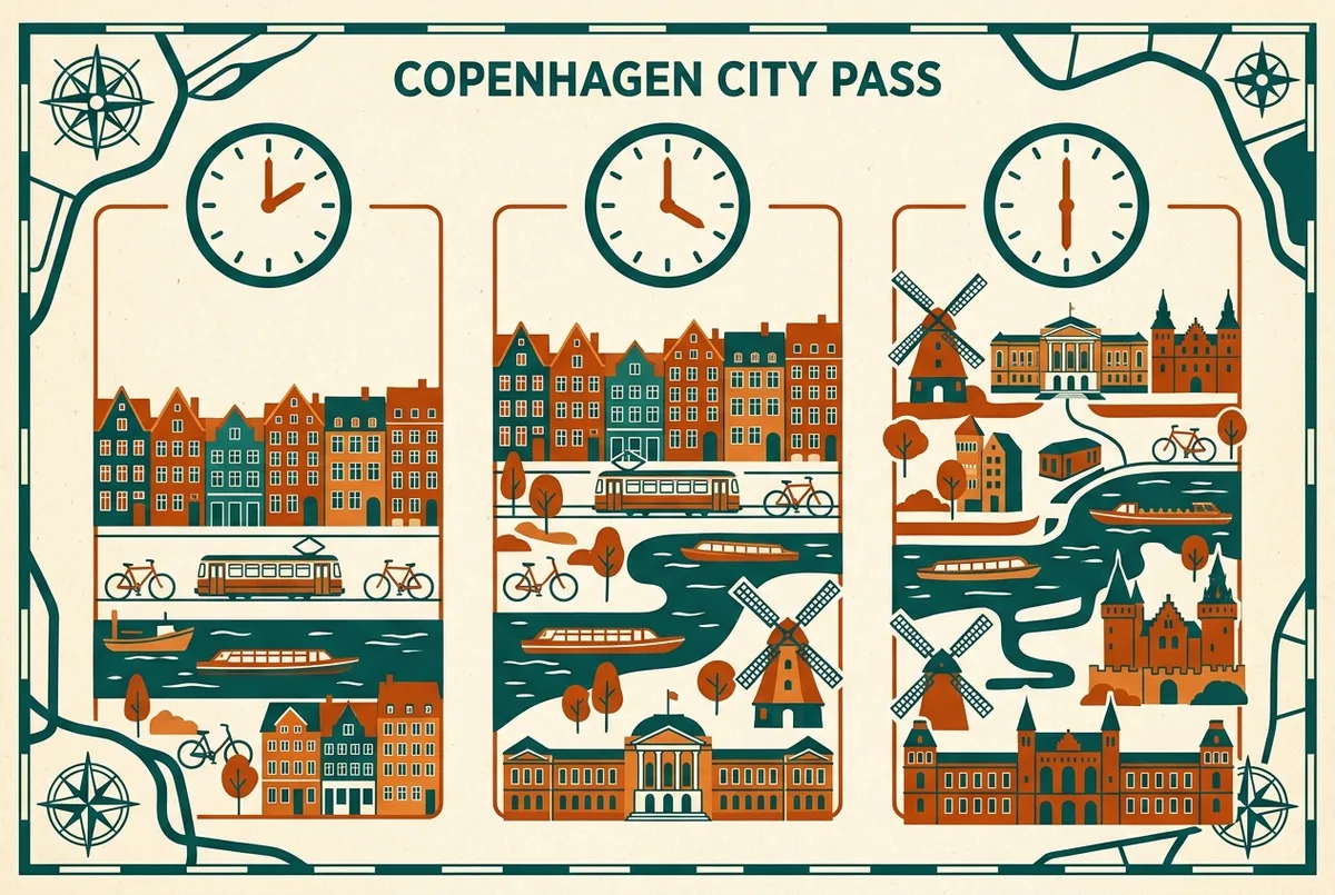 Simple timeline graphic comparing the 24, 48 and 72 hour Copenhagen City Pass durations with generic clock icons, no prices