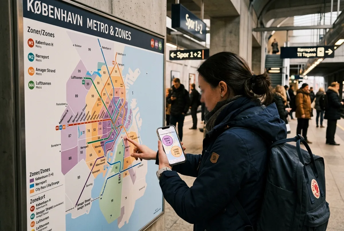 Traveler checking a Copenhagen zone map on a phone next to a metro line map, comparing copenhagen city pass small and large zone coverage