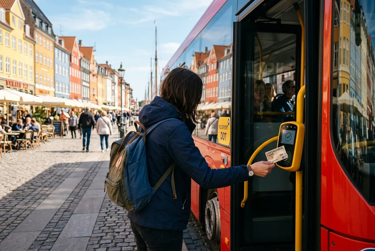 Traveler tapping a copenhagen day pass ticket at a bus door reader on a sunny street near colorful Copenhagen townhouses