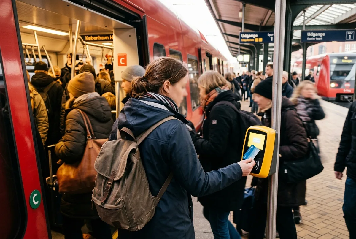Commuter checking a copenhagen monthly pass card while boarding an S-train during a busy weekday morning rush