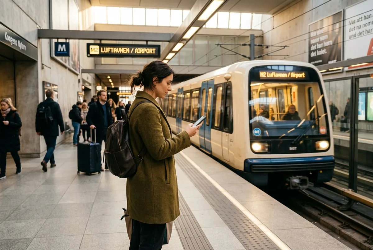 Traveler checking a copenhagen public transport tickets app on a phone while waiting on a metro platform with a driverless train arriving