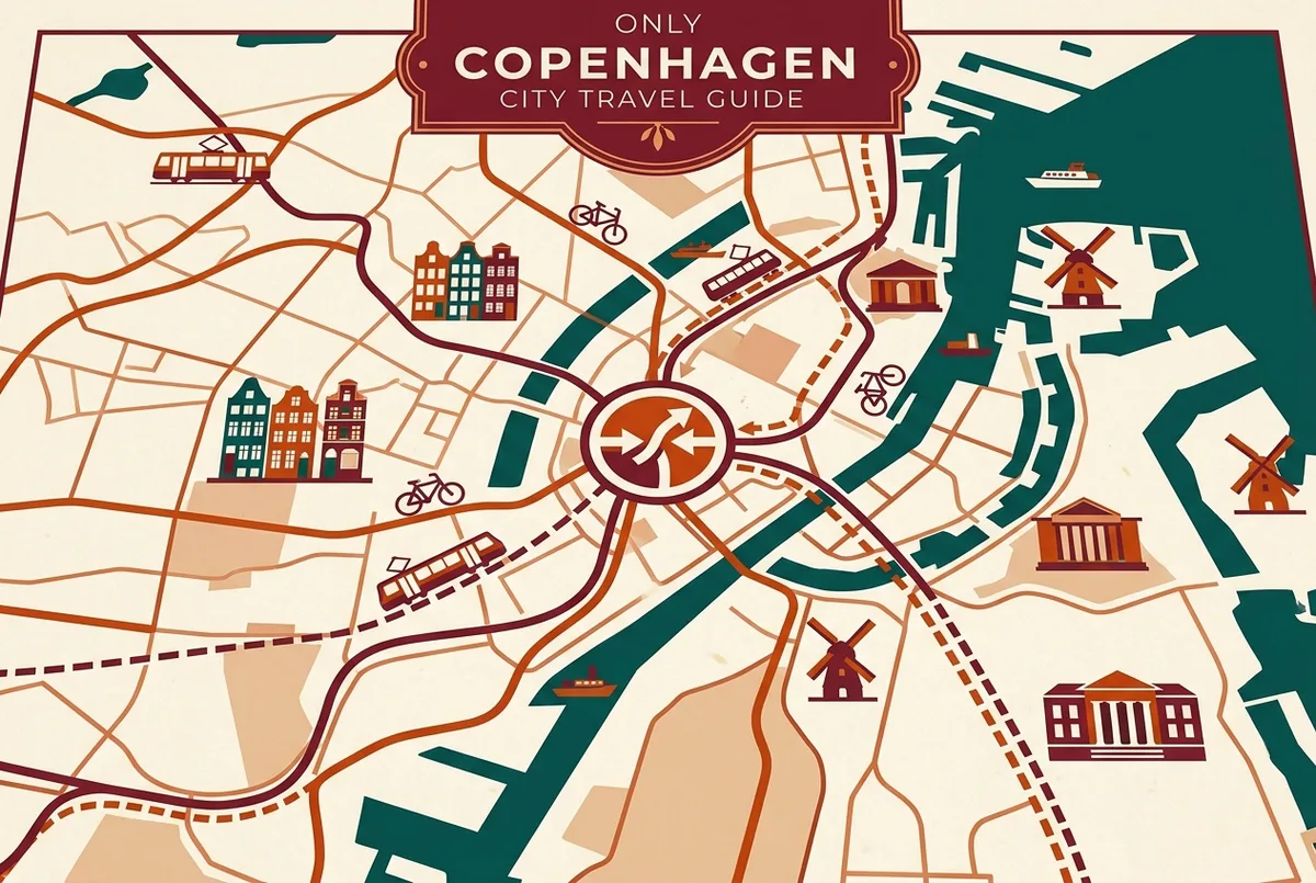 Simple route diagram showing Copenhagen bus, metro and S-train lines converging at a central interchange station with generic zone labels
