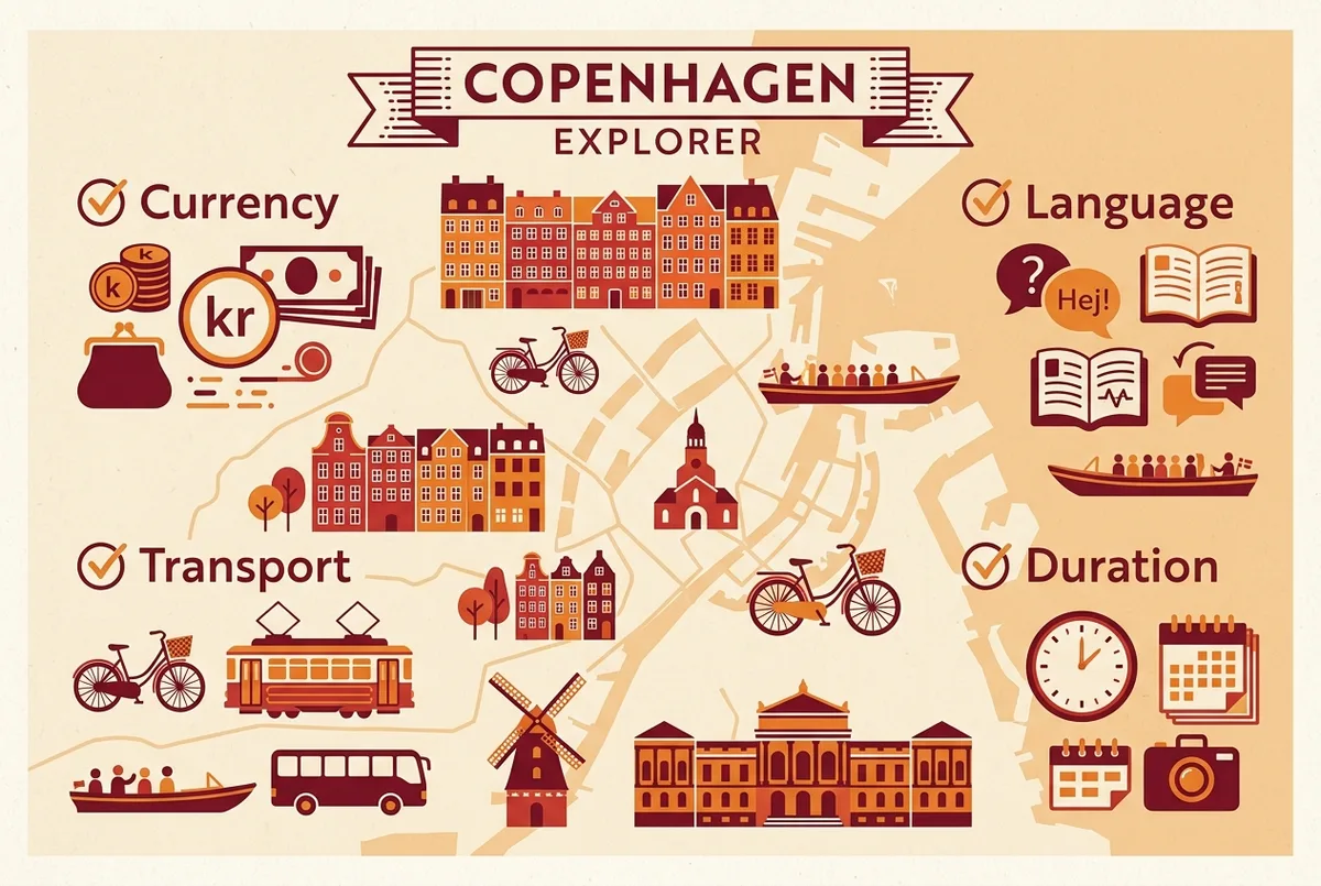 Simple copenhagen trip planning infographic showing icons for currency, language, transport and duration laid out as a quick reference checklist
