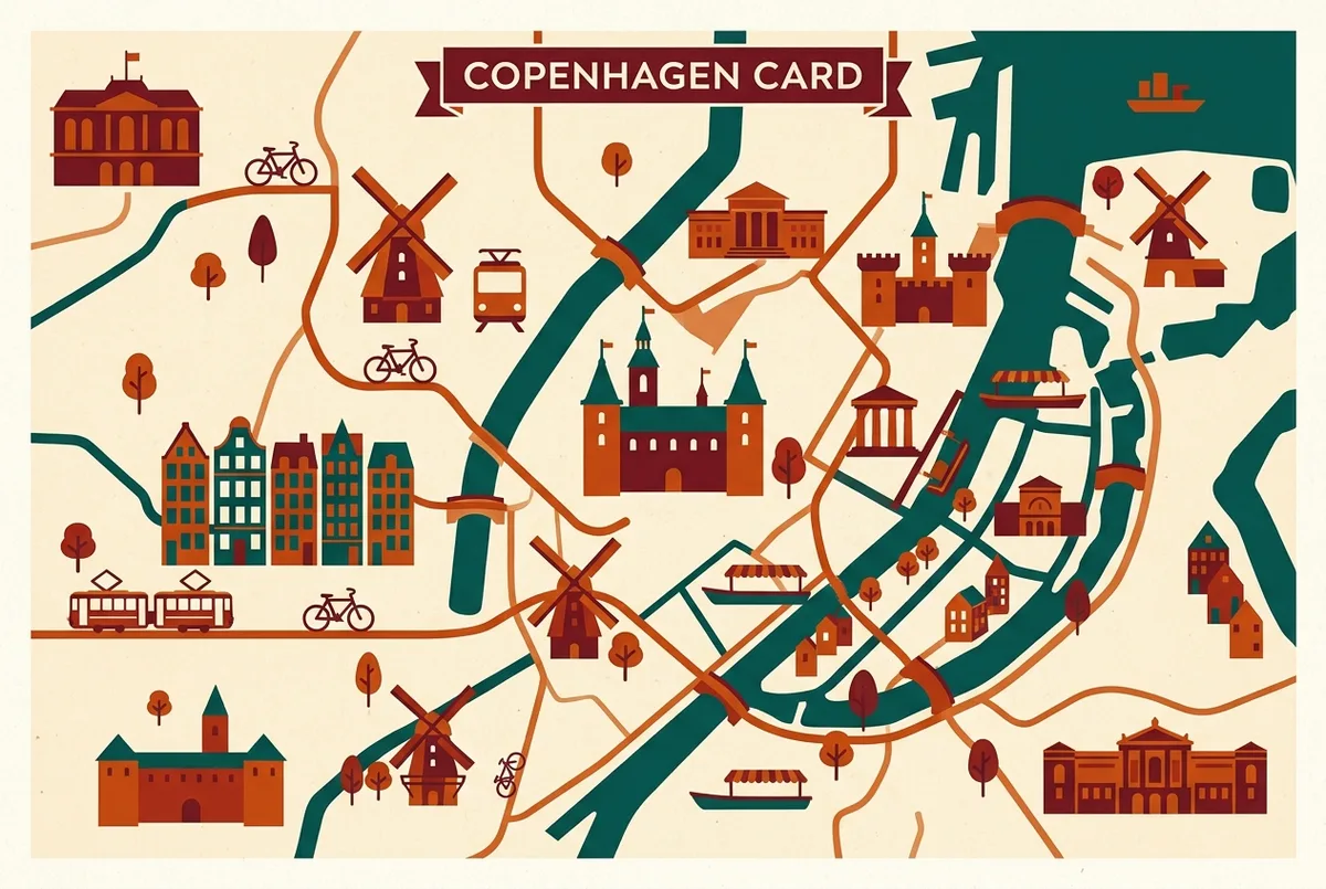 Illustrated map of central Copenhagen marking castles, museums, and canal tour stops covered by the Copenhagen Card