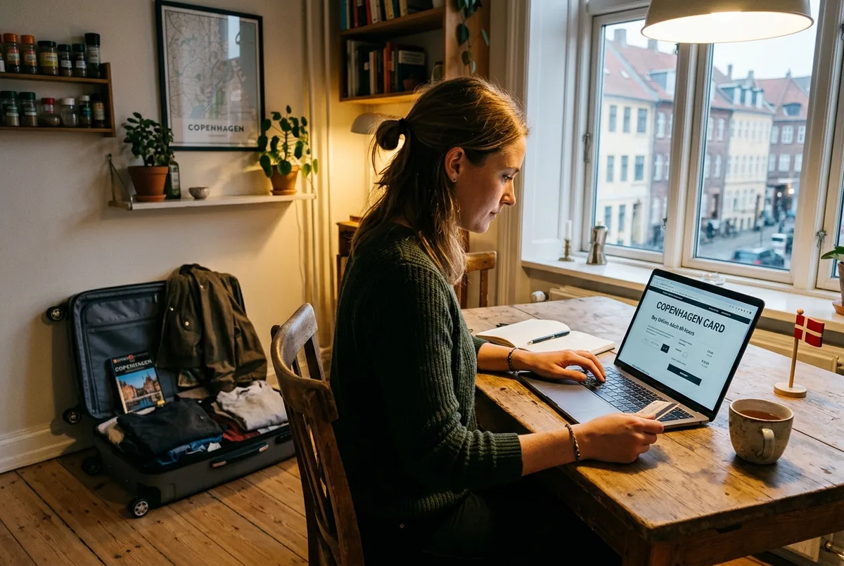 voyageuse achetant le copenhagen card en ligne sur un ordinateur portable a une table de cuisine avec une valise faite en arriere plan
