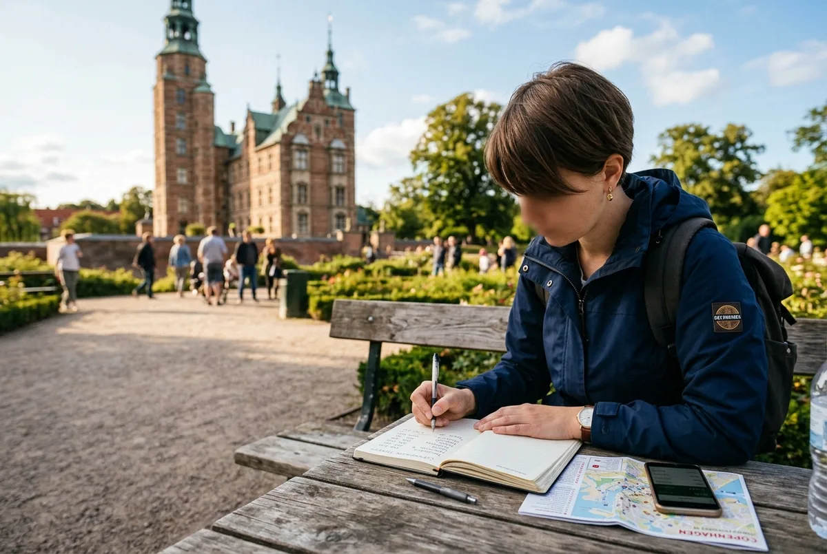Traveler adding up attraction ticket prices on a notepad beside Rosenborg Castle to decide if the Copenhagen Card is worth it