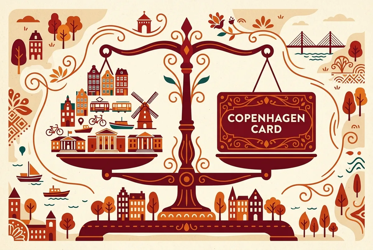 Infographic showing a break even scale weighing Copenhagen attraction ticket prices against the Copenhagen Card price, with generic attraction icons and no numbers