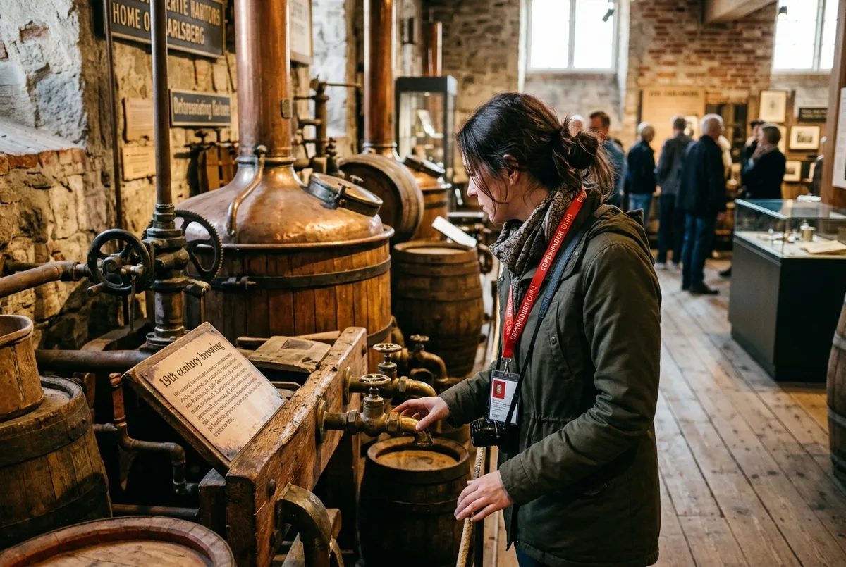 Traveler examining an antique brewing exhibit inside the Home of Carlsberg museum, Copenhagen Card lanyard visible around their neck