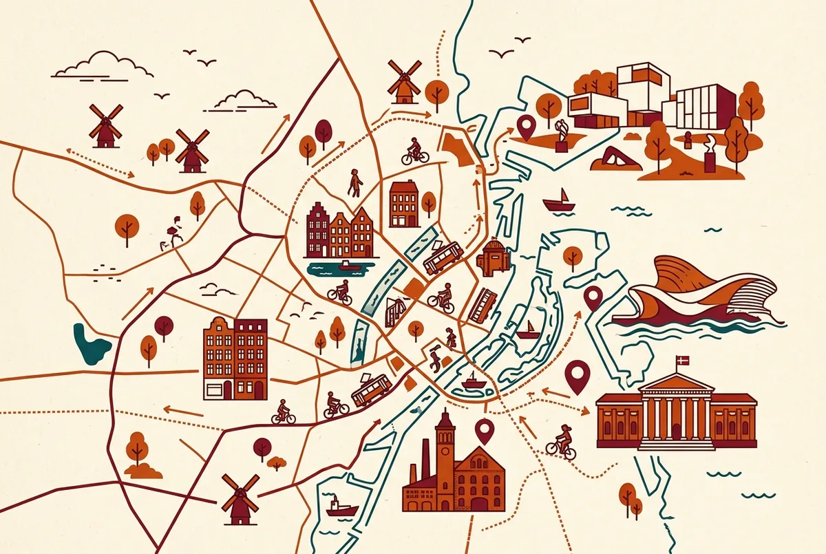 Simple map infographic marking the Home of Carlsberg, Designmuseum Danmark, Louisiana and the Blue Planet aquarium relative to central Copenhagen, with generic distance labels and no prices
