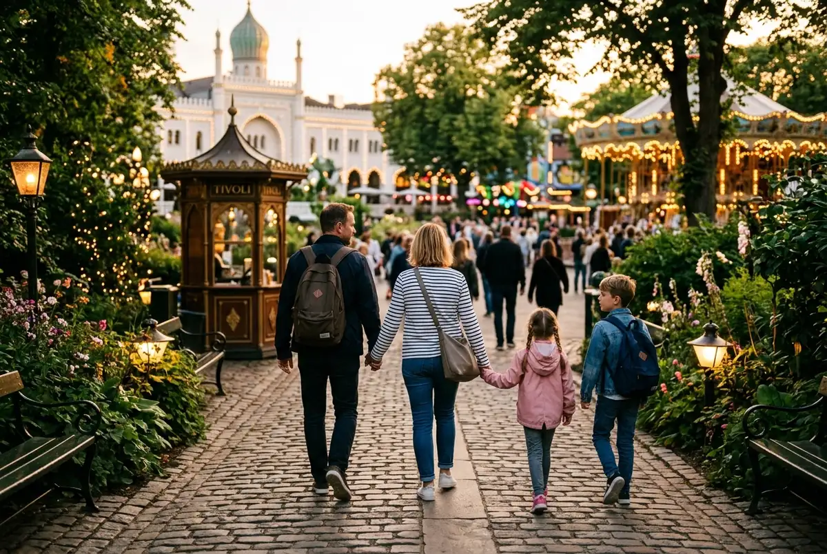 Familie geht durch Tivolis beleuchtete Pavillons in der Abenddämmerung, eine Person hält ein Handy mit der Copenhagen Card App, im Hintergrund eine Achterbahn