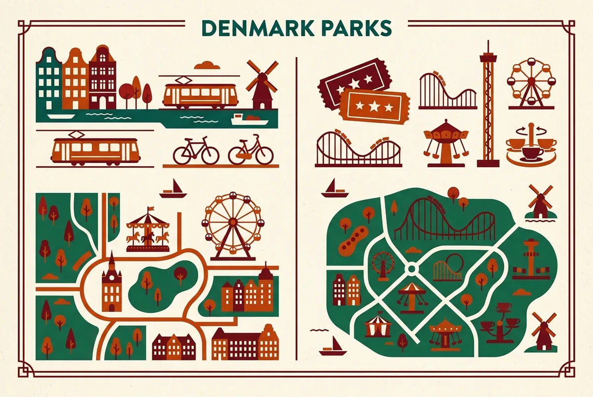 Einfache Vergleichsinfografik von Tivoli-Garten und Bakken nebeneinander, beschriftet mit Geländeeintritt gegen Fahrgeschäft-Tickets, mit generischen Park-Icons ohne Preise