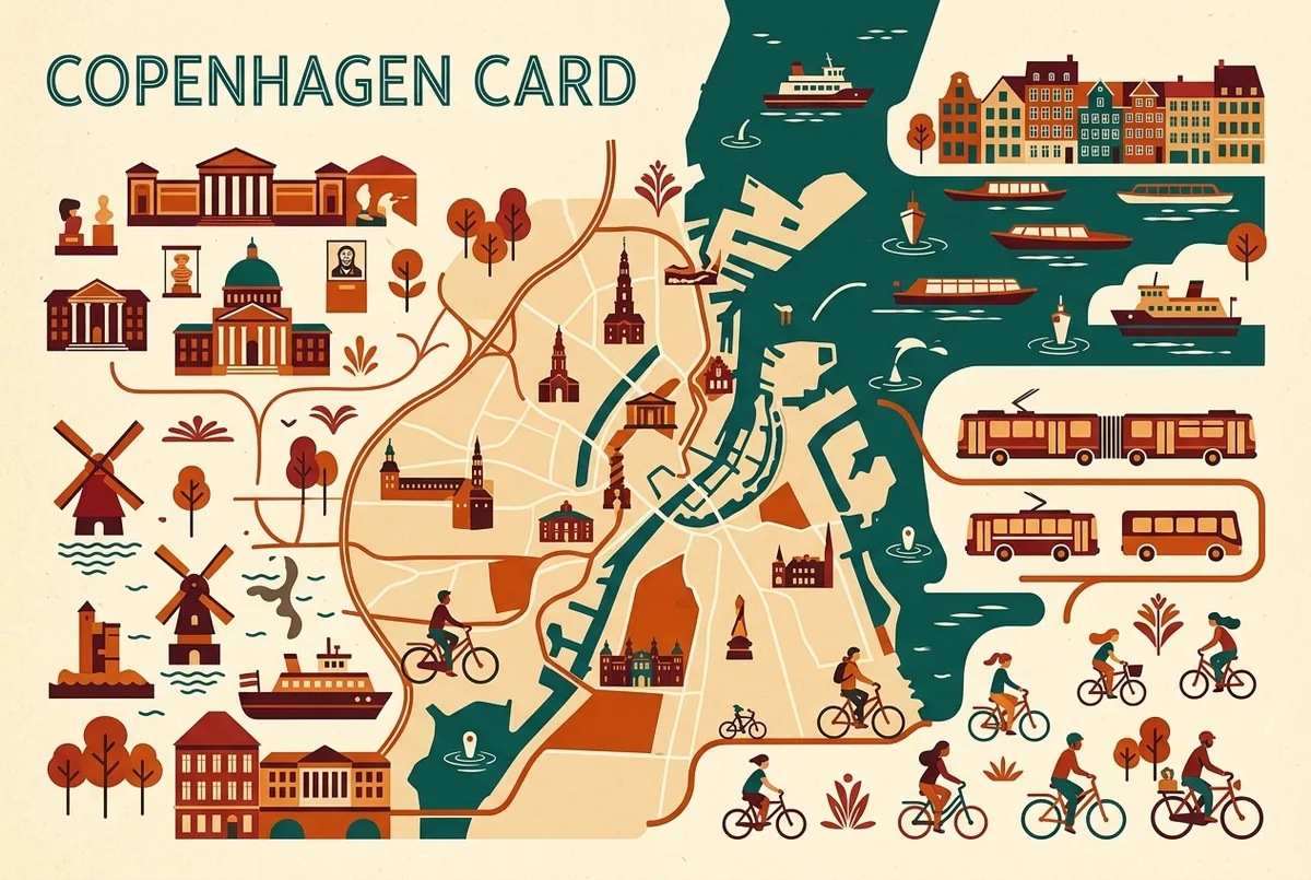 Categorized checklist infographic showing Copenhagen Card attractions grouped under museums, theme parks, boat tours, transport and bike rental, with generic icons and no prices